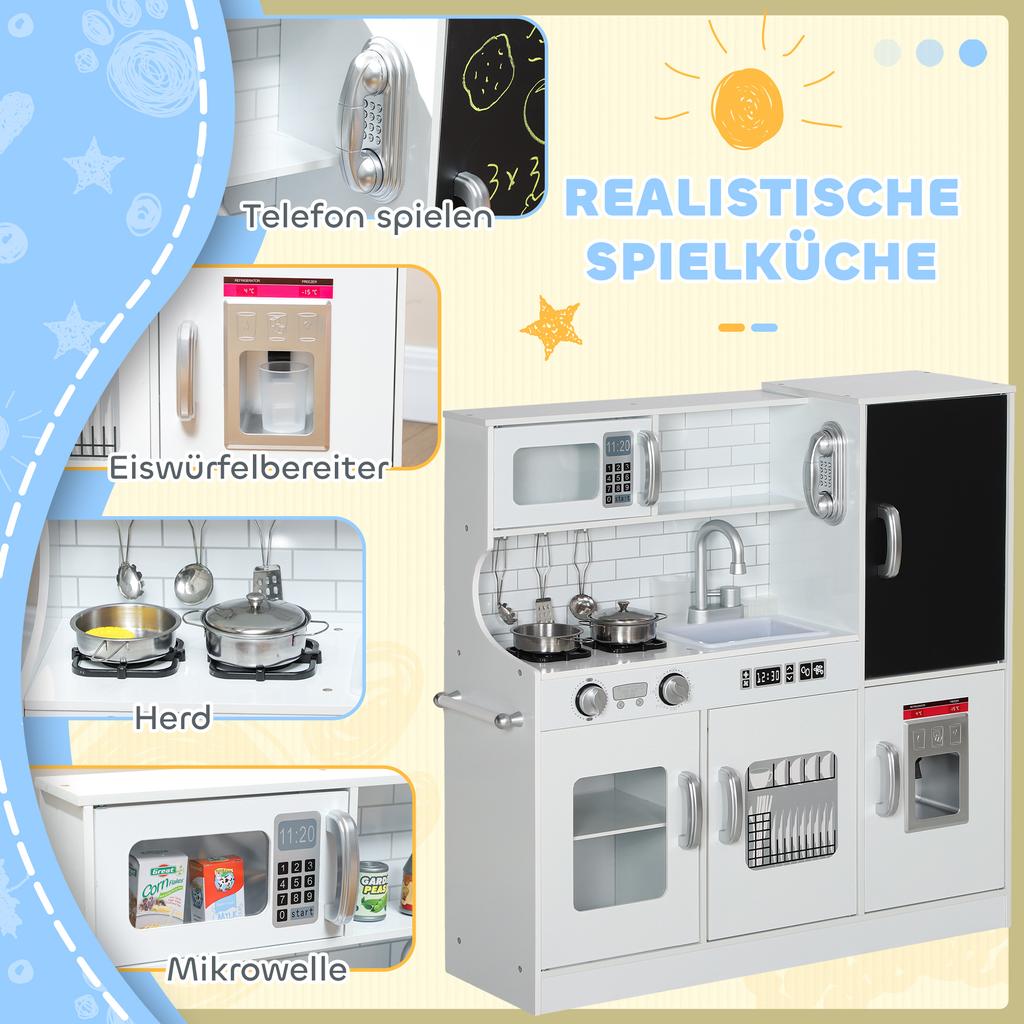 Pretend Play Kitchen, Kids Kitchen Playset, with Toy Phone, Chalkboard, Microwave, Cooking Stove, Sink, White