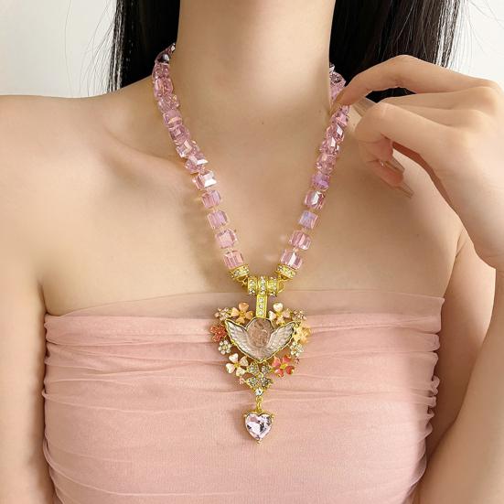 Vintage Angel Pendant Necklace, Sparkling Chunky Beaded Necklace, Pink Faux Diamond Heart Necklace, Retro Jewelry for Women