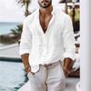 Herren Uni Hellblau Leinenhemd Revers Langarm Button-Down Locker Strand Freizeit Oberteil