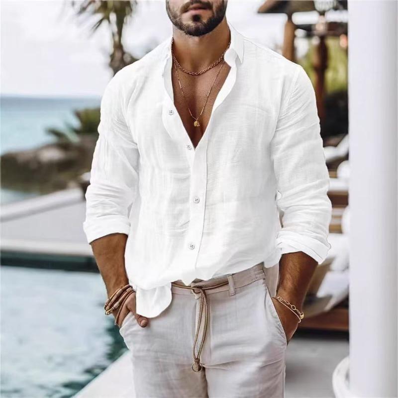 Herren Uni Hellblau Leinenhemd Revers Langarm Button-Down Locker Strand Freizeit Oberteil