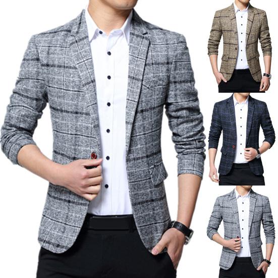 Fashion Men Plaid Lapel Slim Fit Blazer Jacket Coat One Button Business