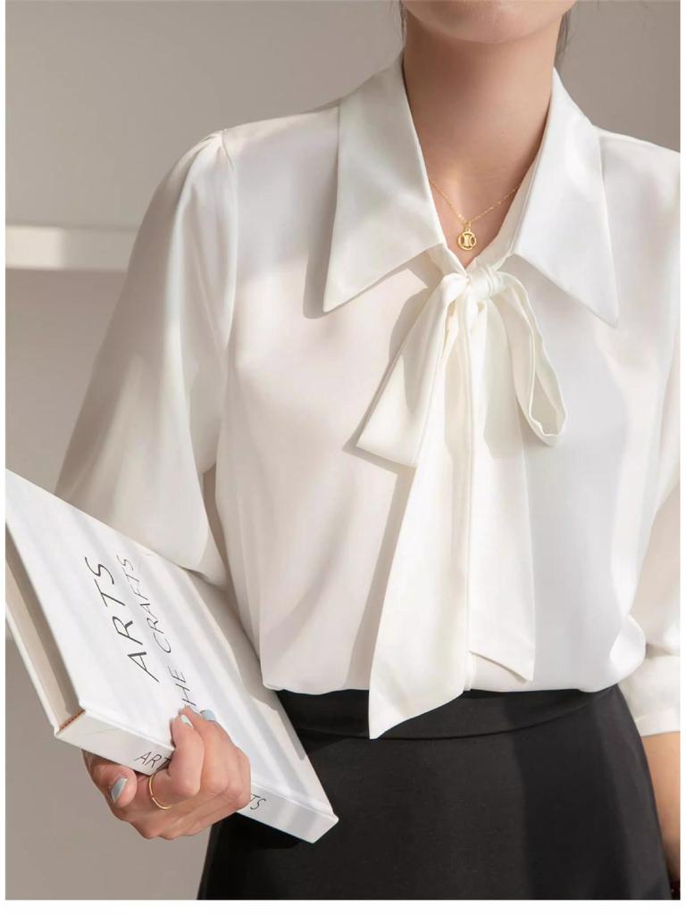 Women's Professional Chiffon Bow Shirt - Long Sleeve White Formal Top for Workplace and Interview