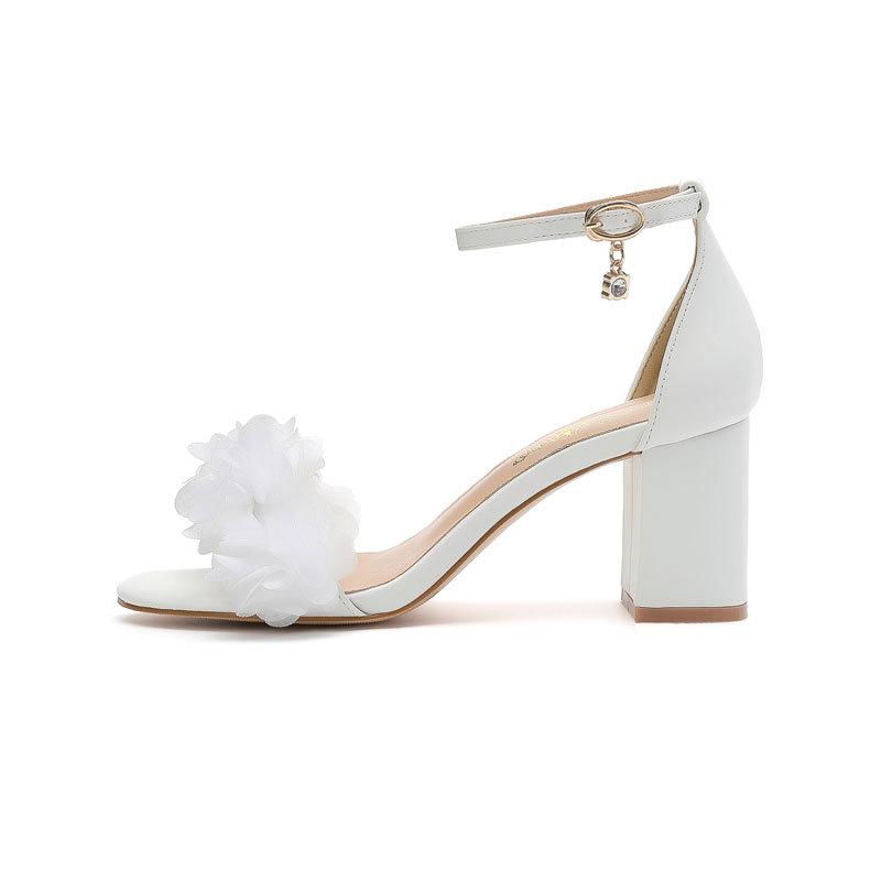 White high heels round head 7cm one word with open-toed lace flower sexy open-toed women's sandals wedding shoes large size