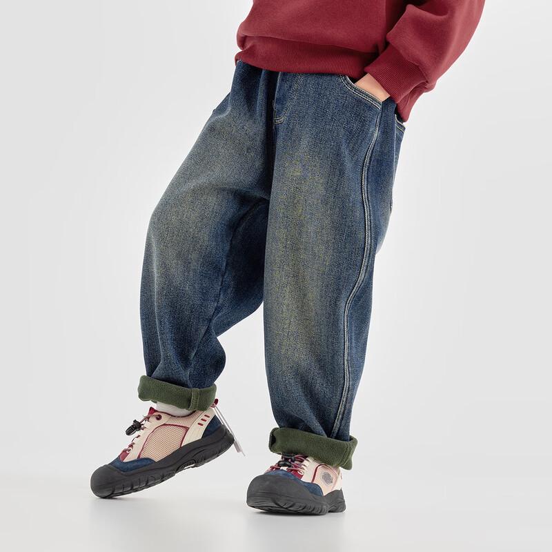 Boys' Vintage American-Style Embroidered Fleece-Lined Denim Harem Pants