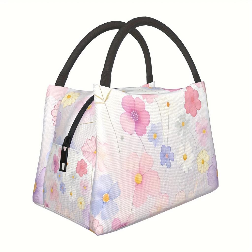 Floral Insulated Lunch Bag – Reusable, Portable Cooler Tote with Pink & White Floral Design, Perfect for Home, Office, School