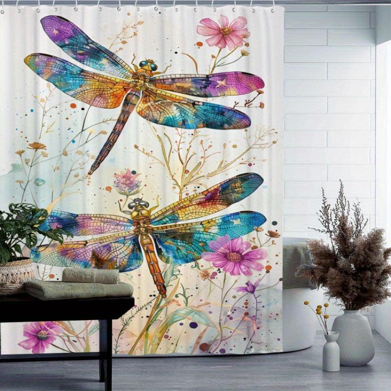 Waterproof 12 Hooks Dragonfly Pattern Shower Curtain, Machine Washable One Piece For Room Home Hotel Bathroom