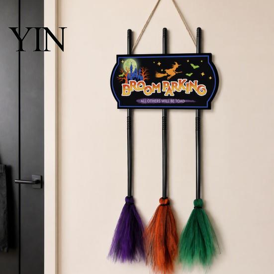 Halloween Yard And Porch Supplies Broom Parking Sign with 3 Witch Brooms, Hocus Pocus Themed Wooden Sign, Party Ornaments Funny Wall Hanging