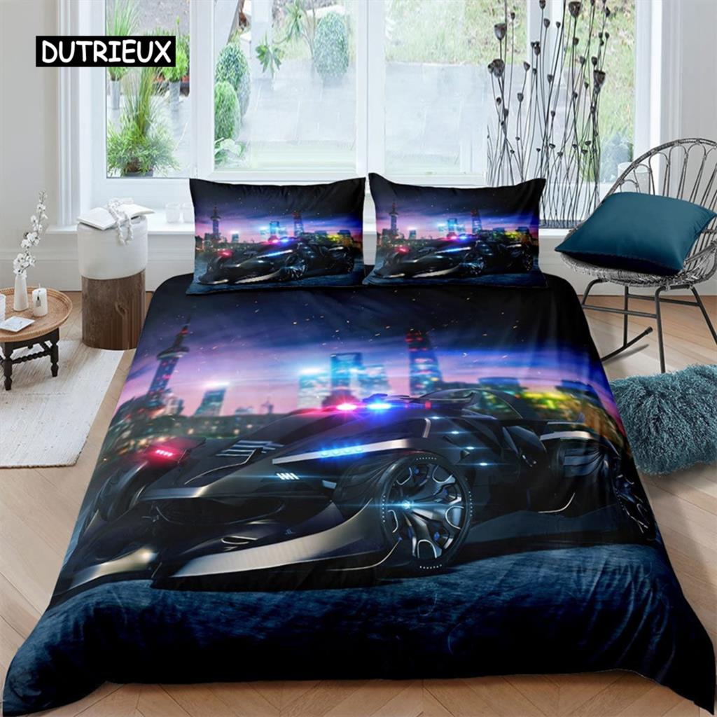 Polizeiauto Bettbezug Cartoon Auto Blaulicht Bettwäscheset Kinder Jungen Blau Grau Einsatzfahrzeuge Polyester Deko