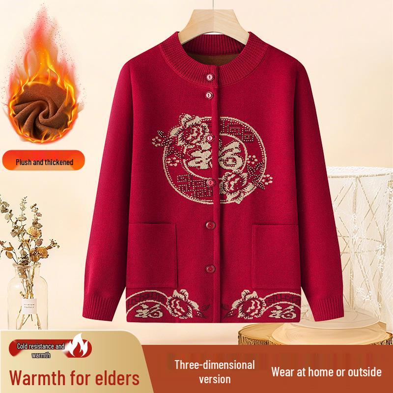 2025 New Style Tang Suit Plus Velvet Warm Sweater for Middle-Aged and Elderly Women