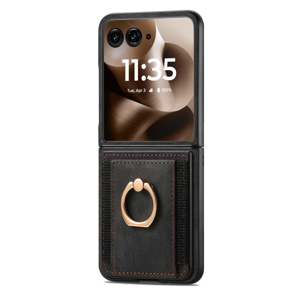 For Motorola Razr 60 Ultra 5G Case Card Holder Retro Leather + PC Phone Cover with Ring Kickstand