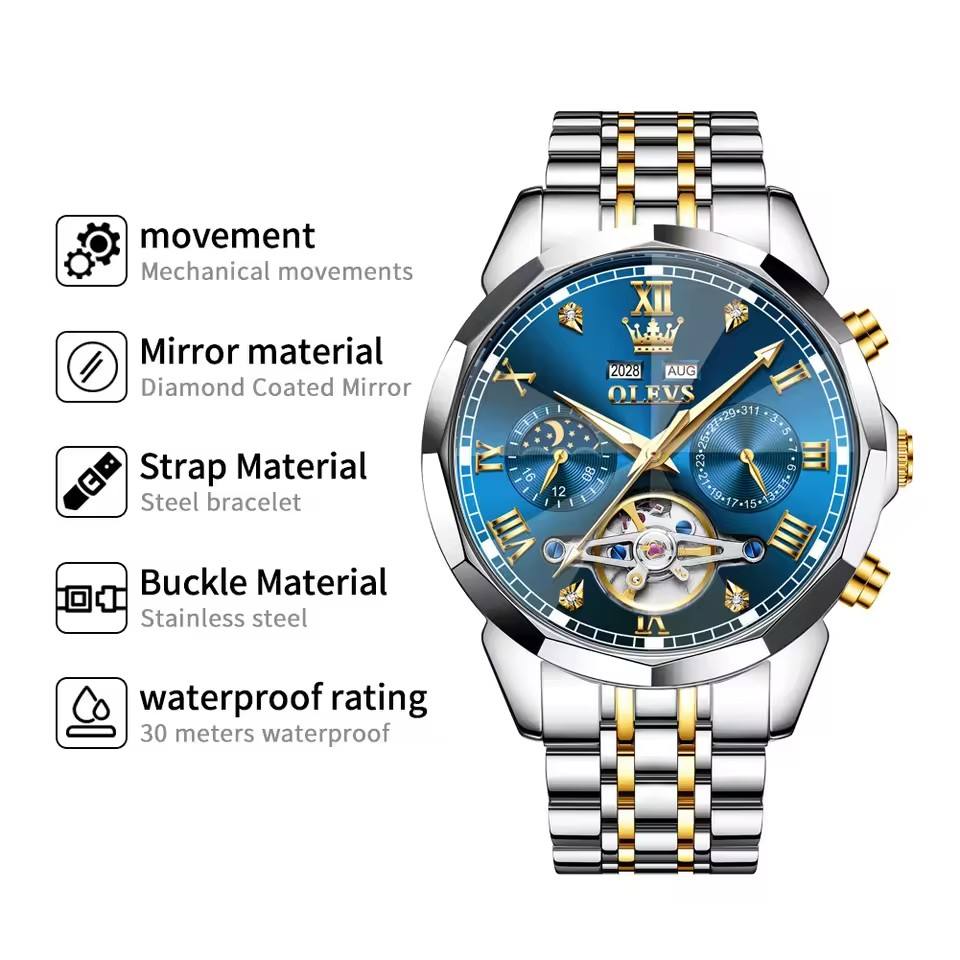 OLEVS 6620 Man Automatic Mechanical Watch Stainless Steel Band Waterproof Luminous Double Calendar Moon Phase Wristwatch for Men