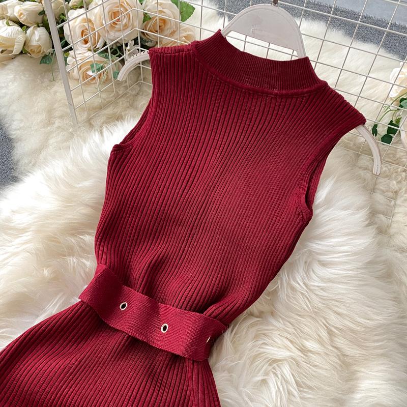 RUGOD European and American Dress Women's New Breasted Lace-up Waist and Hips Elastic Knitted Sleeveless Sexy Hip Dress