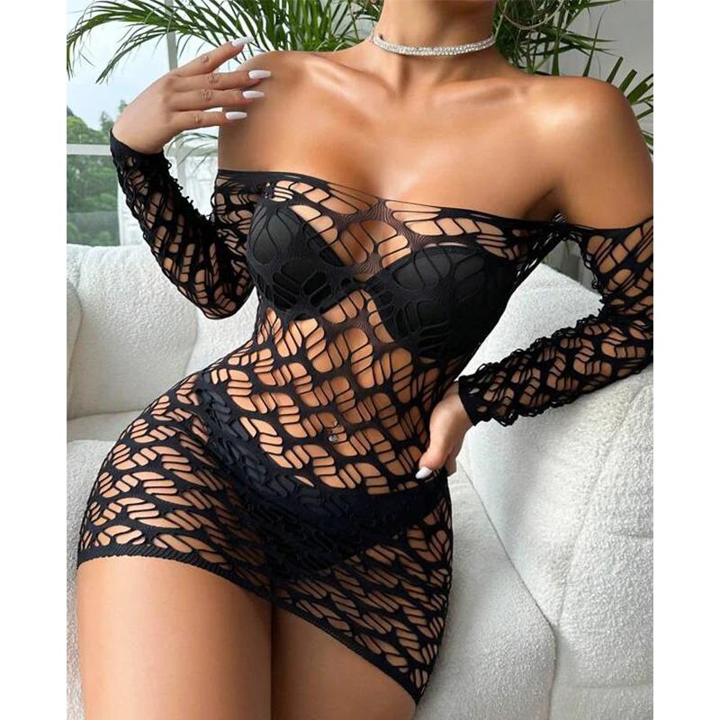Lingerie Women Dress Sleepwear Hip Skirt Long Sleeve Hollow Mesh Fishnet Dress Nightgowns Dresses Swimwear Net Underwear