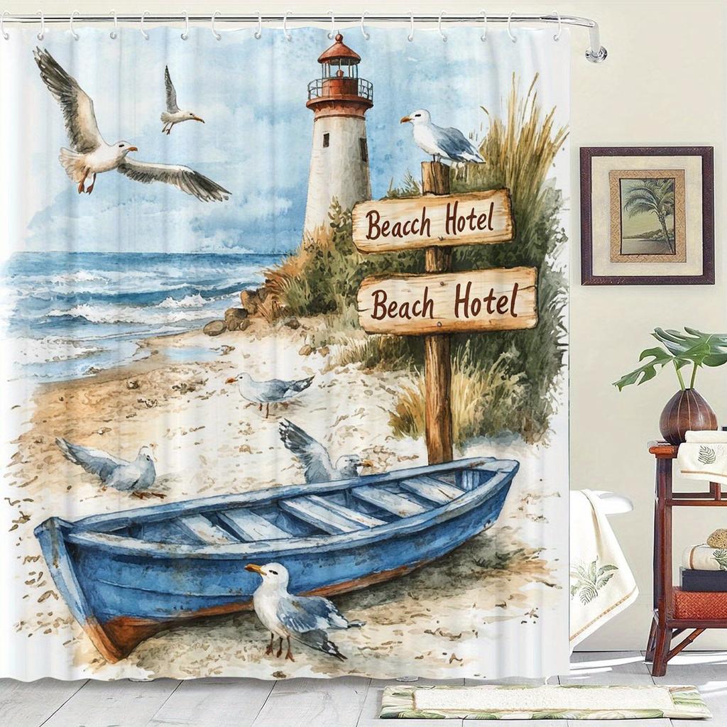 Coastal Nautical Scene Shower Curtain - Water-Resistant Fabric for Bathroom - Perfect for Beach and Sea Enthusiasts