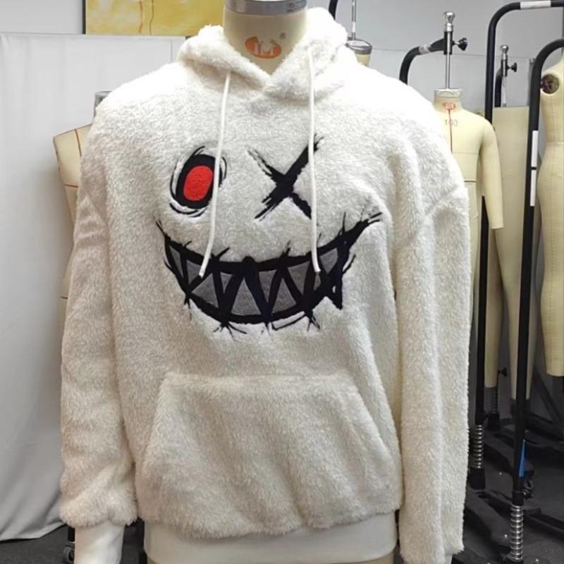 Autumn and Winter Smiley Face Embroidered Arctic Velvet Hooded Sweatshirt Ready-made Sweatshirt