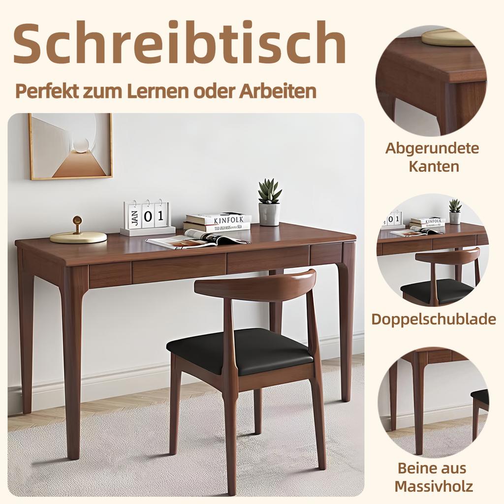 Scrivania in legno massello con cassetti, scrivania regolabile in altezza con bordi arrotondati, ideale per piccoli studi e camere da letto, in stile mid-century modern, noce
