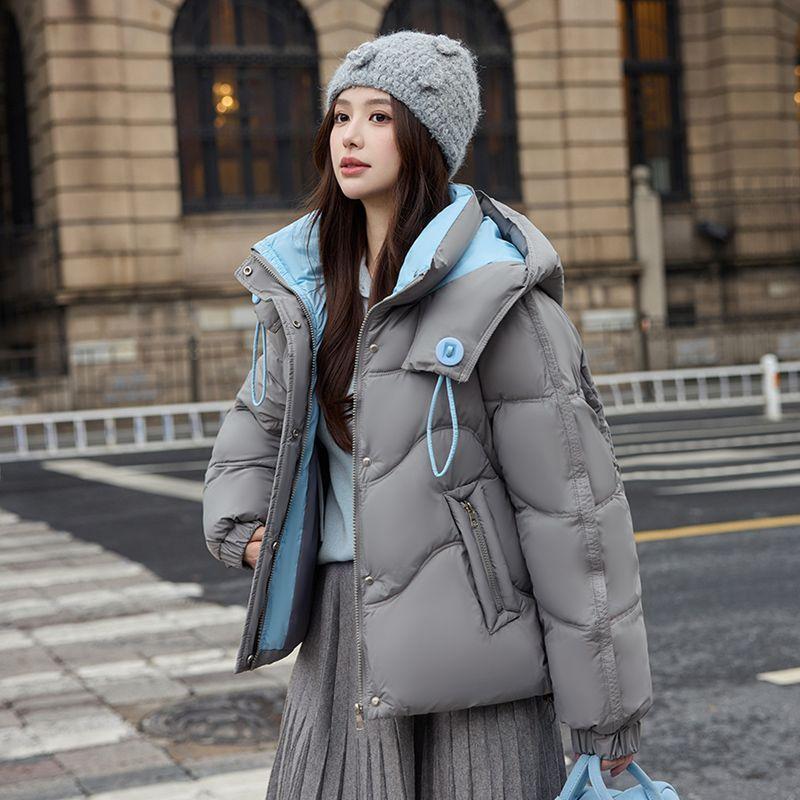 

Зимове жіноче коротке стьобане пальто Модне Товсте Тепле Кольоровий блок Куртка Вітрозахисний Верхній одяг L сірий колір
