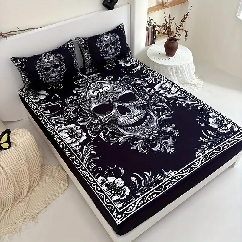 3pcs Black White Gothic Skull Fitted Sheet Set 3D Printed Mattress Covers Soft Breathable With 2 Pillowcases for Adults Bedroom