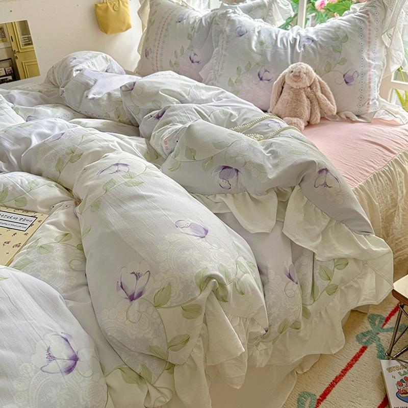 Small Fresh Pure Cotton Four-piece Set Lace Korean Version Princess Style Washed Cotton Bed Skirt Quilt Cover Cream Style Bedding