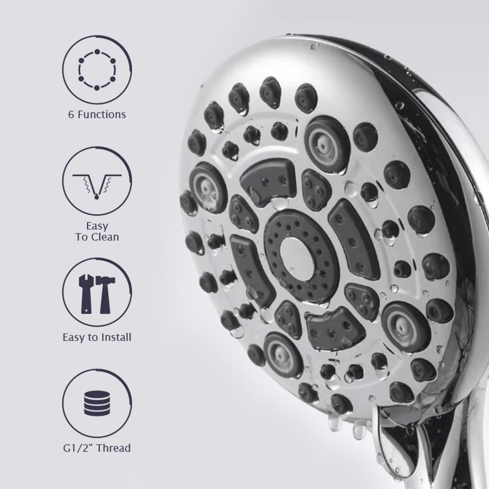 6 Functions High Pressure Chrome Water Saving Shower Mist Spray Bath Handheld Shower Head with Bracket and Hose for Bathroom