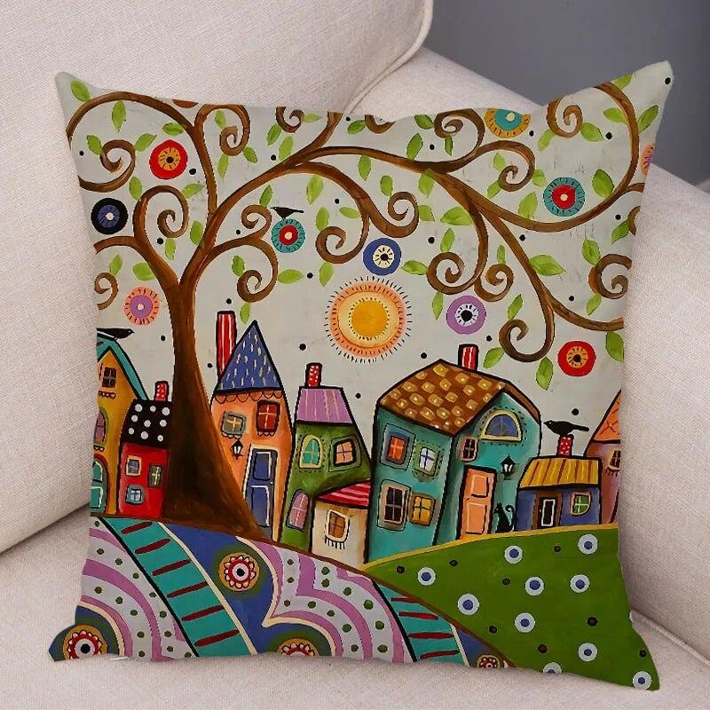 

45x45 см Ретро мультяшный цветной городской семейный наволочка для гостиной дивана офиса наволочка эстетический домашний декор 40x40cm