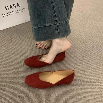 Versatile Round Head One Pedal Suede Flat-soled Ladyshoes Gentle Evening Breeze Not Tired Feet Red Ballet Single Shoes Women