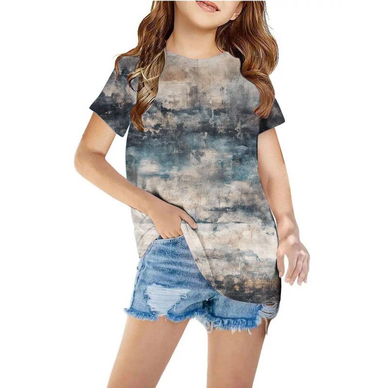 Summer Children's Fashionable Casual Simple 3D Printed Tops Kids Round Neck Pullover Short Sleeved T Shirt