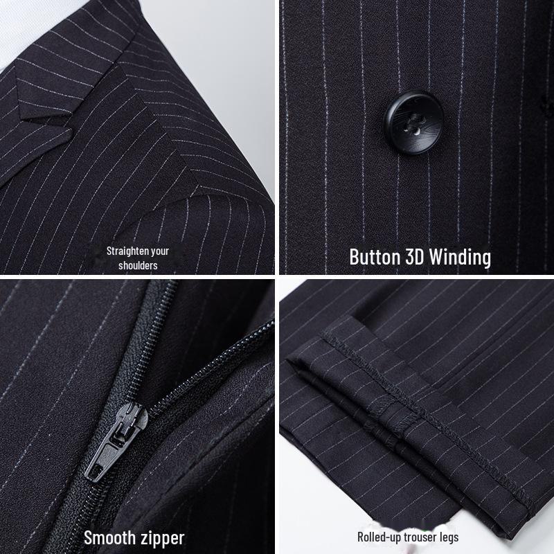Terno Listrado Masculino de Abotoadura Dupla Estilo Coreano Slim Fit - Casual Casamento Noivo Três Peças