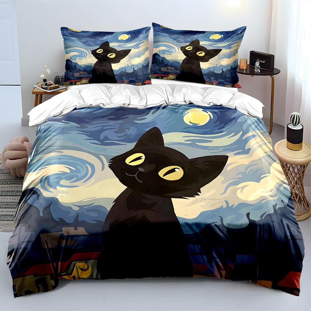 Van Gogh-style Black Cat Starry Night Bedding Set for Kids Luxury Gift 3pcs Digital Print Comforter Set Soft Comfortable