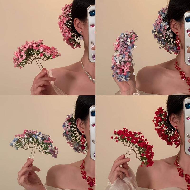 Handmade Floral Fan Hairpin Delicate Colorful Flower Design Anti-Slip Traditional Hair Accessory for Hanfu Travel Photo Shoots