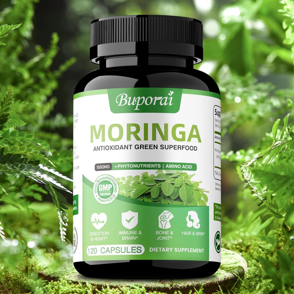 Cápsulas de folhas de moringa, 1000 mg por dose, antioxidante, melhora a saúde da pele e das articulações, adequado para adultos.