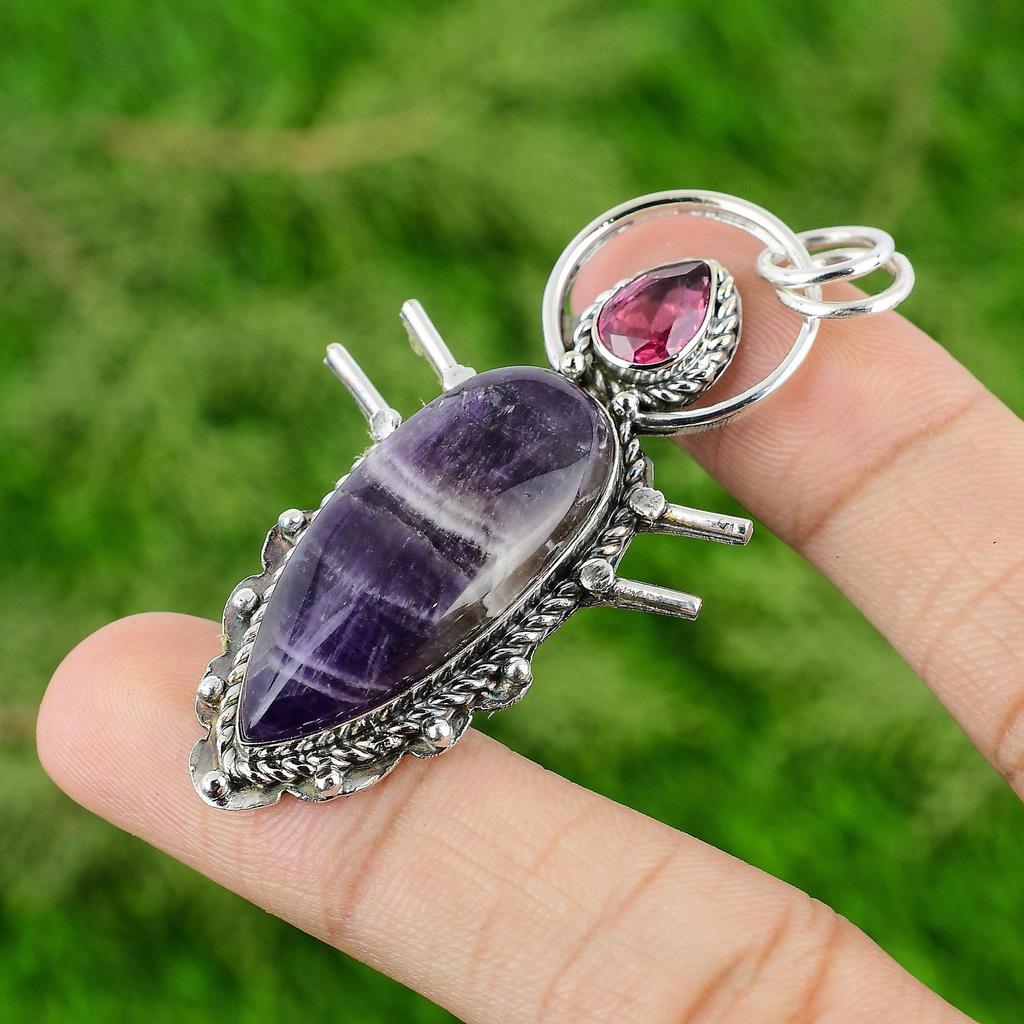 925 Sterling Silver Chevron Amethyst Stone Pink Tourmaline Bezel Pendant Jewelry