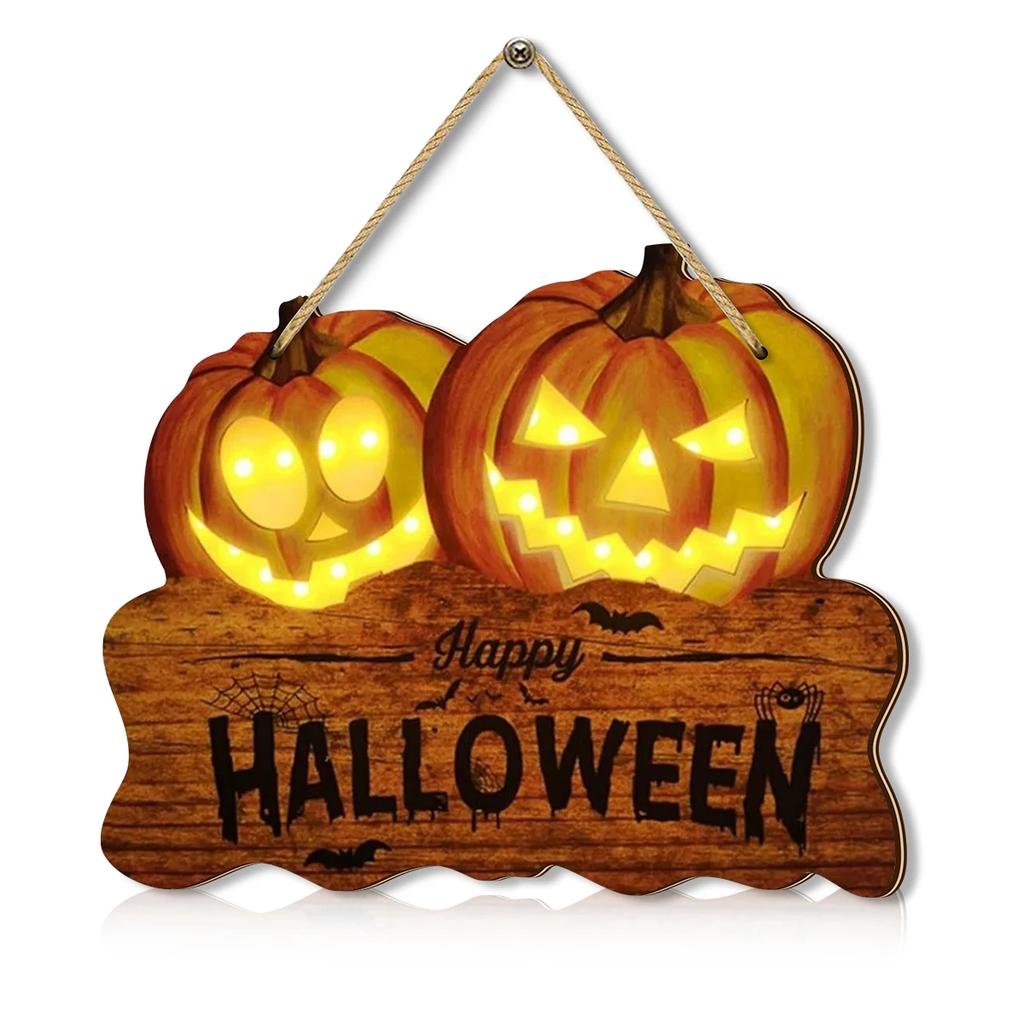 Light Up the Wooden Halloween Sign with Two Jack-o'-lantern Pumpkin Lanterns for Festive Home Decoration