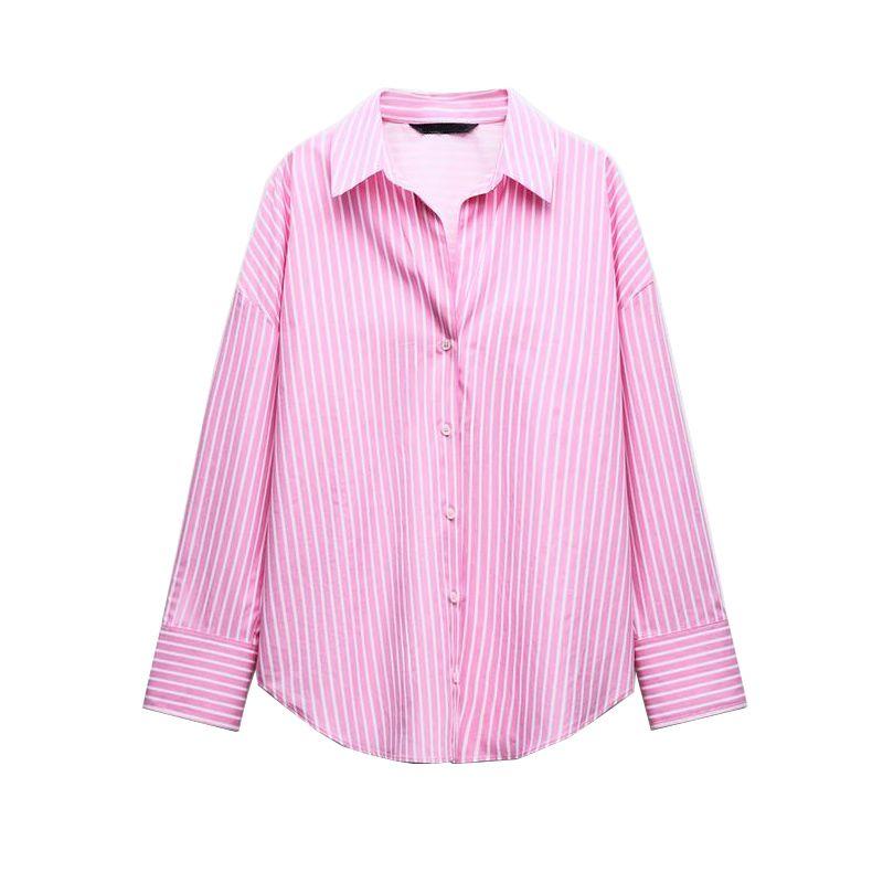 

Spring New French style Elegant Loose Sweet All-Match Lapel Long sleeve Basic Poplin Shirts 3057422 Pink L
