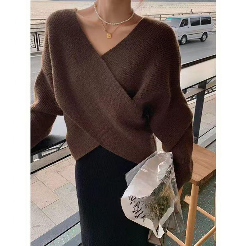Women S Loose V Neck Cross Design Long Sleeve Knitted Sweater