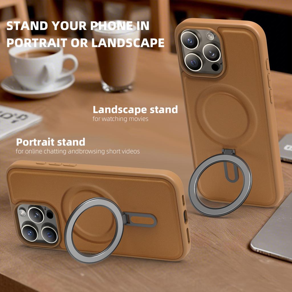Magsafe Magnetic Metal Car Bracket Ring Luxury Matte Leather Phone Case For iPhone 16 Pro Max 14 11 12 13 15 Pro Max Back Cover