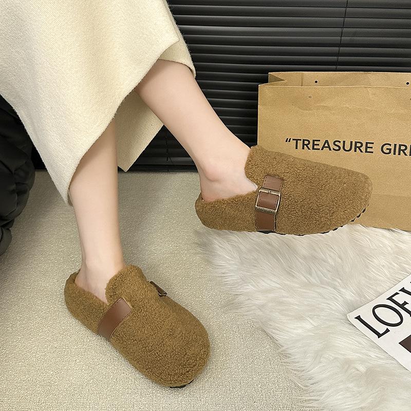 Women's retro lightweight and comfortable non-slip heightening winter warm plush lining non-slip durable casual cotton one-step half slippers