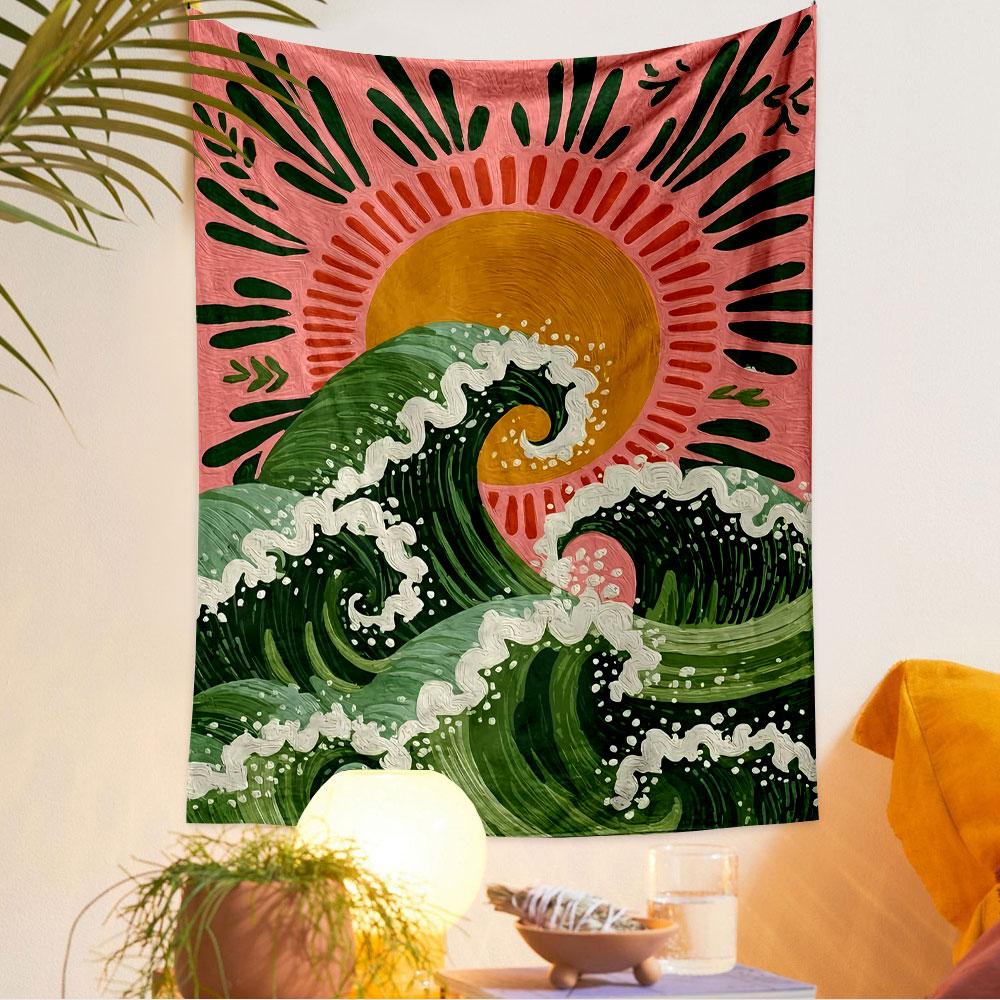 Sun Wave Tapestry Wall Hanging, Japanese Ukiyo-e Style Ocean Art, Oriental Wall Decor for Bedroom Living Room Dorm