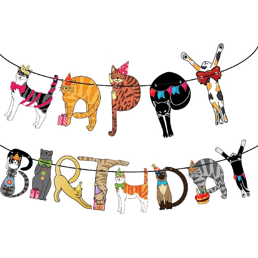 Cat Birthday Garland, Cat-Themed "Happy Birthday" Banner - Colorful and Fun Party Decoration for Kitten Lovers - Funny Kittens Garland
