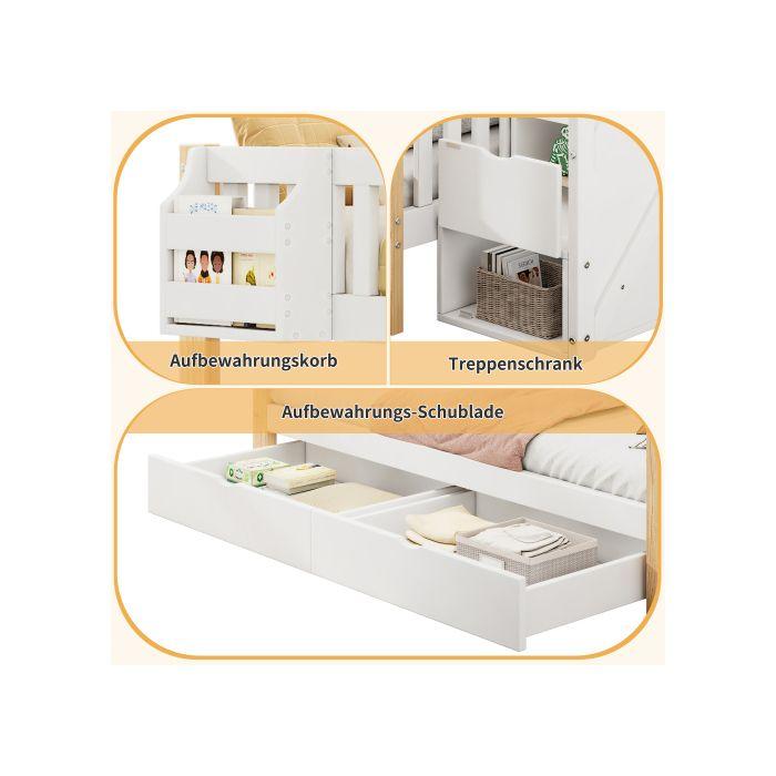 Lit d'enfant multifonctionnel - MUVOE - Blanc + couleur naturelle - 2 places - Avec tiroirs - Design évolutif