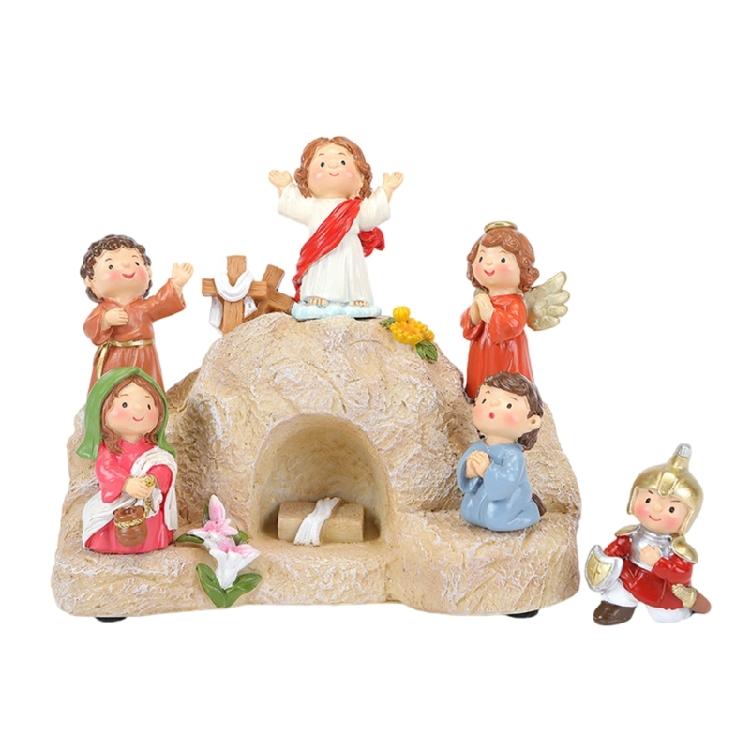 Christmas Resurrection Ornament Set with Handmade Resin Characters and Soft LED Glowing