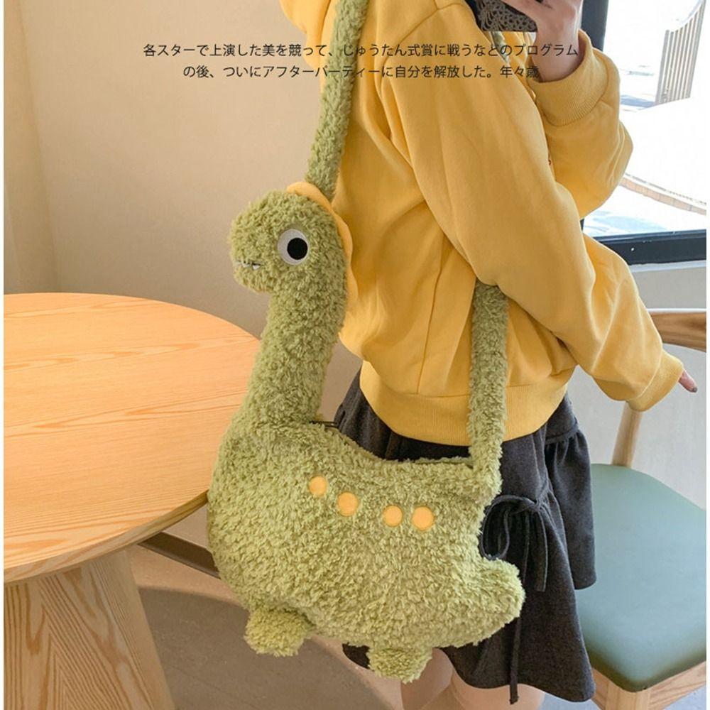 Solid Color Cartoon Crossbody Bag Plush Shoulder Bags Portable Long Neck Dinosaur Bag  Travel