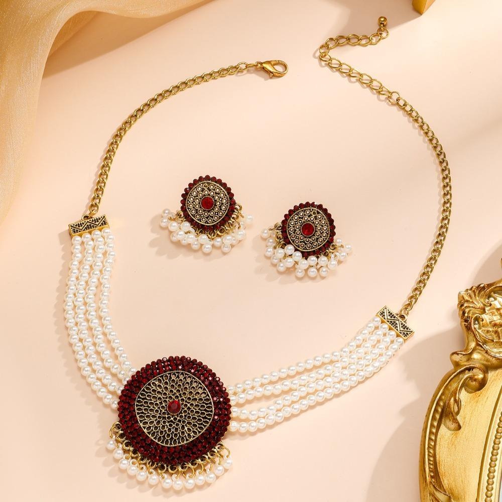 Luxury Retro Jewelry Set Imitation Pearl Choker Necklace Set Rhinestone Necklace Earrings  Ladies