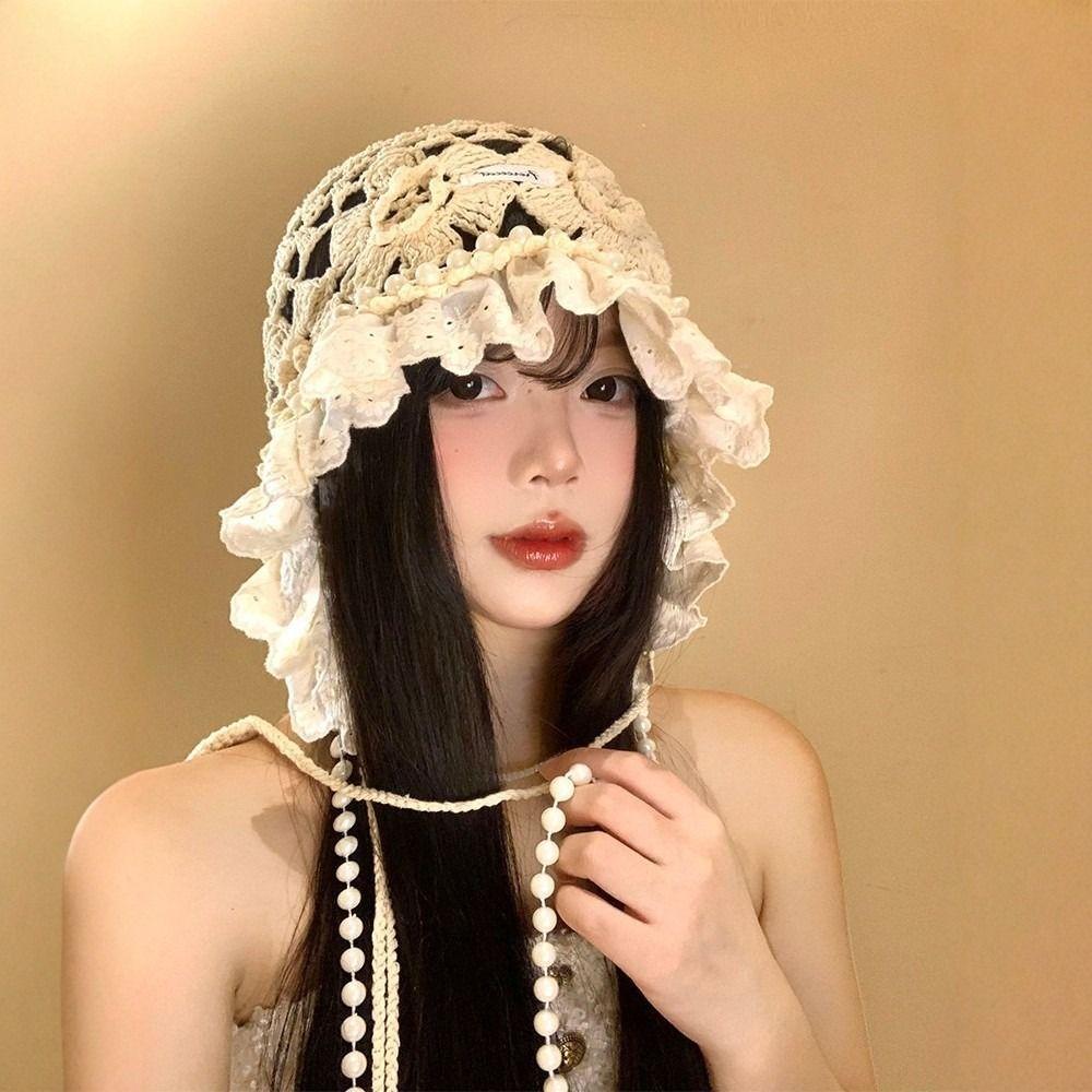 Hand-knitted Knitted Pearl Lace Beanies Breathable Fringed Hollow Flowers Hat Soft Bohemian Style Crochet Hat