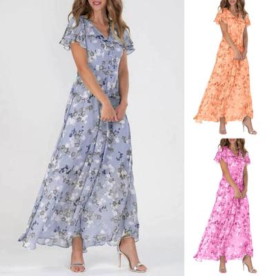 Women Vacation Dress V Neck High Waist Ruffle Flower Print Short Sleeves A-line Loose Big Hem Summer Beach Maxi Dress Resort Wear Long Dress