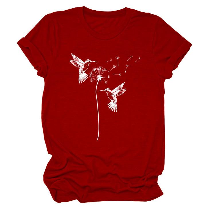 Sommer Rundhals Zwei Vogelmuster Druck Top Modische Lässige Kurzarm Damen T-Shirts
