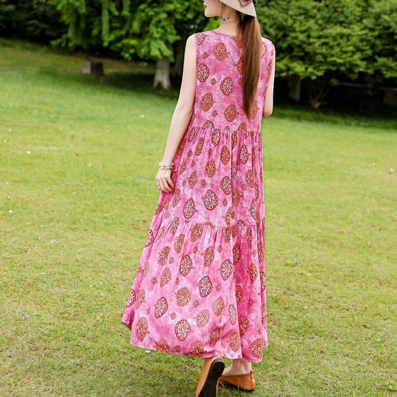 Elegant Sleeveless Dress for Women Plus Size Loose Vintage Print Long Dress Summer Middle-aged Women's Clothing