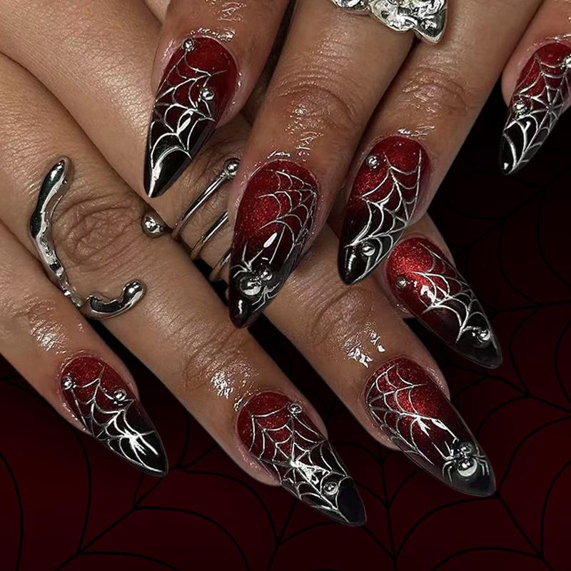 24pcs Gradient Dark Red Spider Web Almond Halloween Wearable Nail Stickers