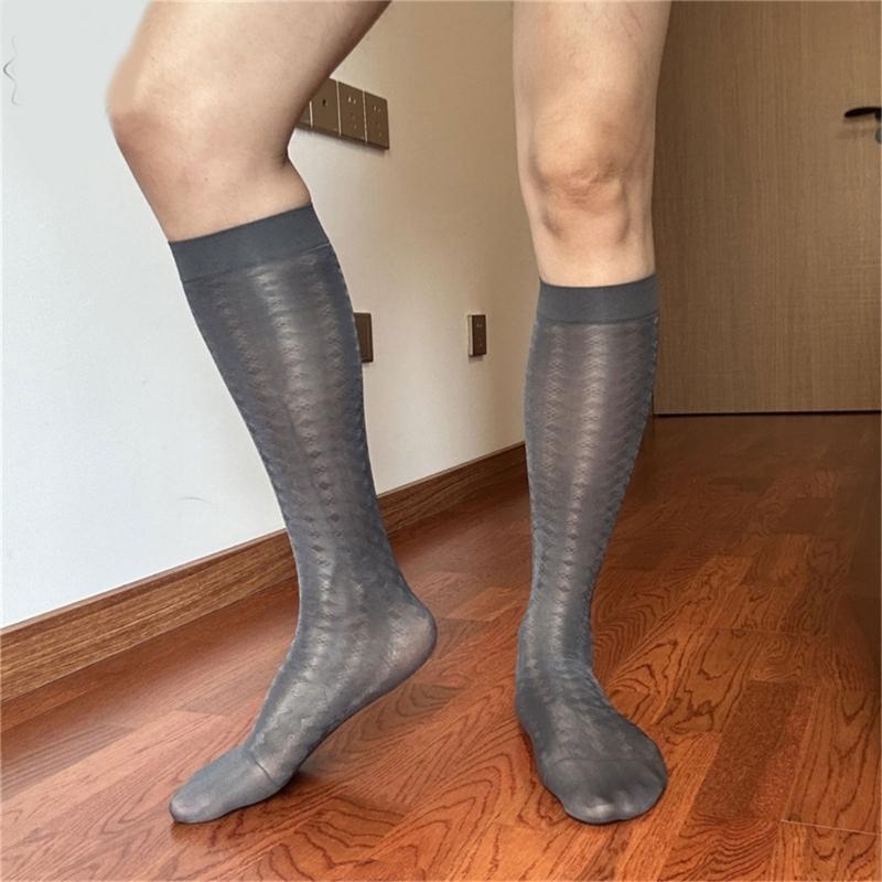 Men Thin Business Dress Socks Stretchy Nylon Sheer Knee Highs Dress Socks Over the Calf Dress Socks Sheer Casual Socks