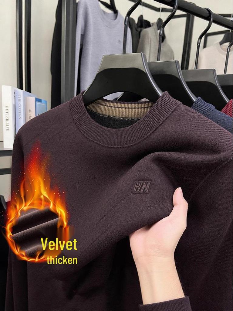 Men's Wool Knit Sweater with Fleece Lining - Thickened, Round Neck, Loose Casual Style, Warm Layer